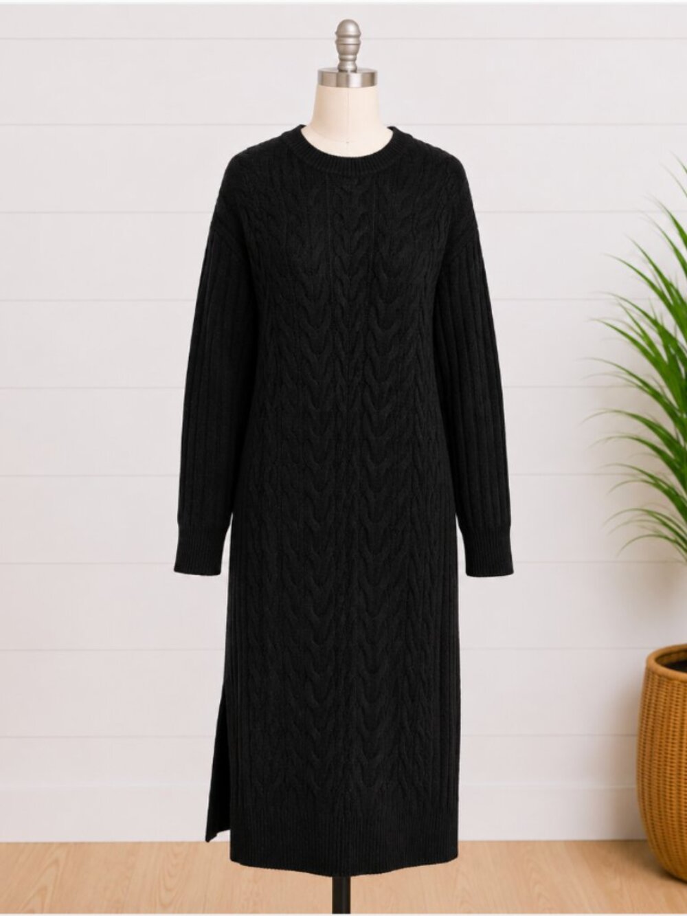 NORDSTROM Women's Cable Knit Long Sleeve Midi Sweater Dress Size L - Black NWT